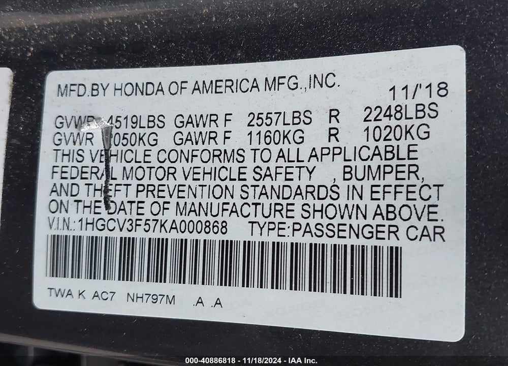 2019 HONDA ACCORD HYBRID EX-L VIN: 1HGCV3F57KA000868