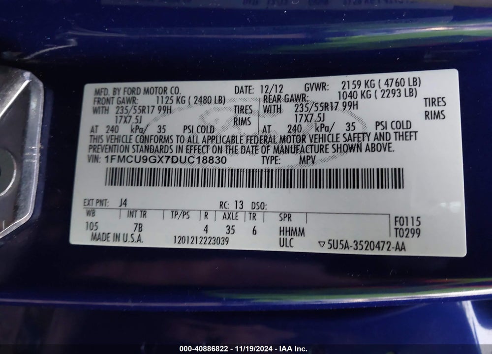 2013 FORD ESCAPE SE VIN: 1FMCU9GX7DUC18830