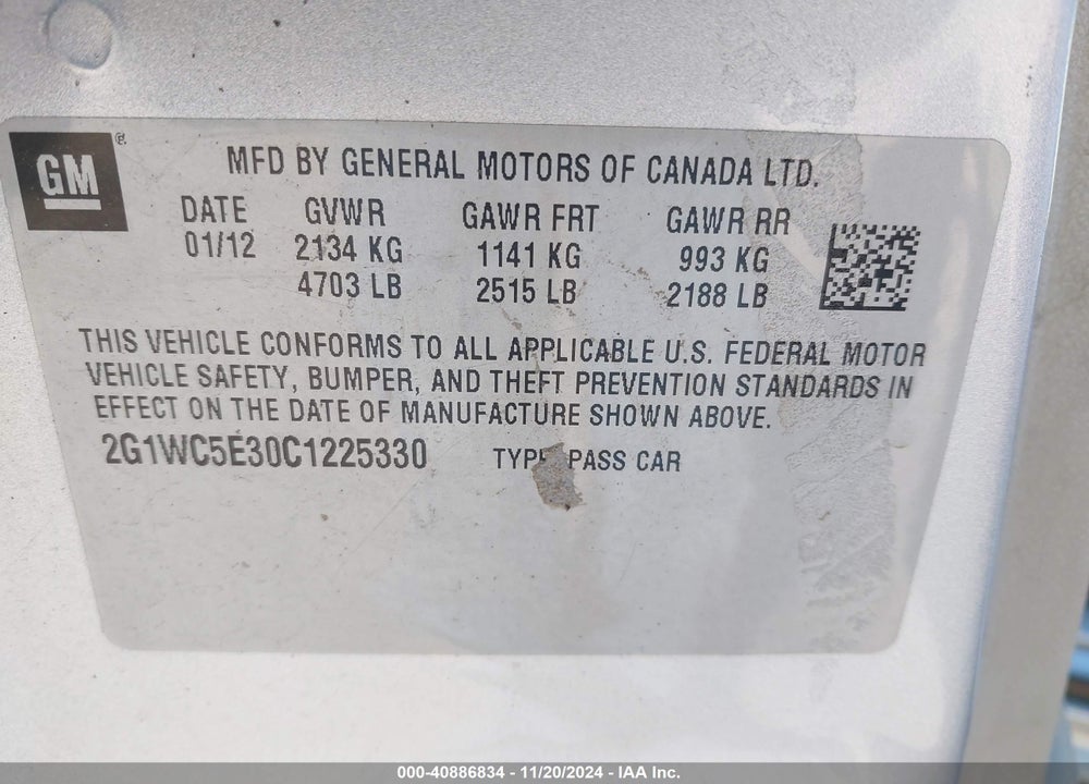 2012 CHEVROLET IMPALA LTZ VIN: 2G1WC5E30C1225330
