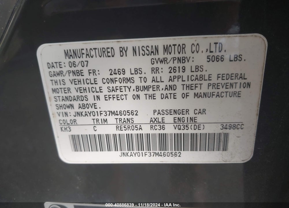 2007 INFINITI M35X VIN: JNKAY01F37M460562