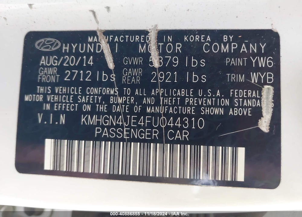 2015 HYUNDAI GENESIS 3.8 VIN: KMHGN4JE4FU044310