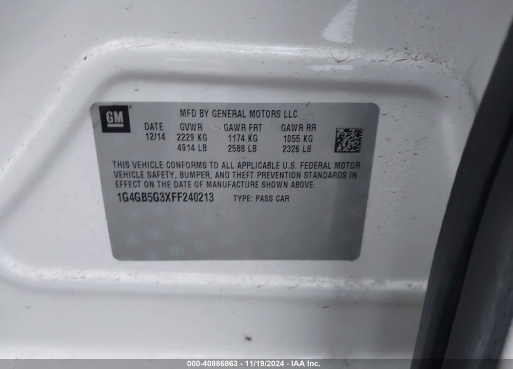2015 BUICK LACROSSE LEATHER VIN: 1G4GB5G3XFF240213