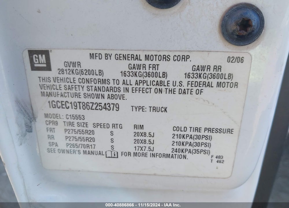 2006 CHEVROLET SILVERADO 1500 LT2 VIN: 1GCEC19T86Z254379