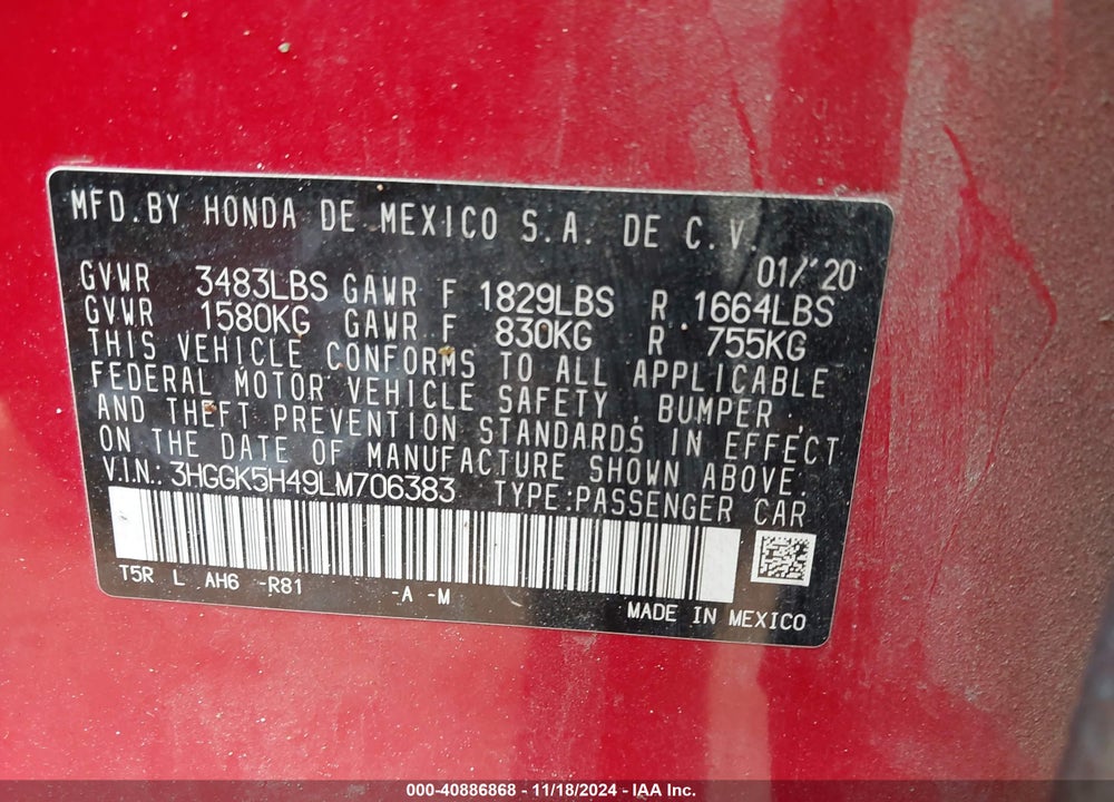 2020 HONDA FIT LX VIN: 3HGGK5H49LM706383