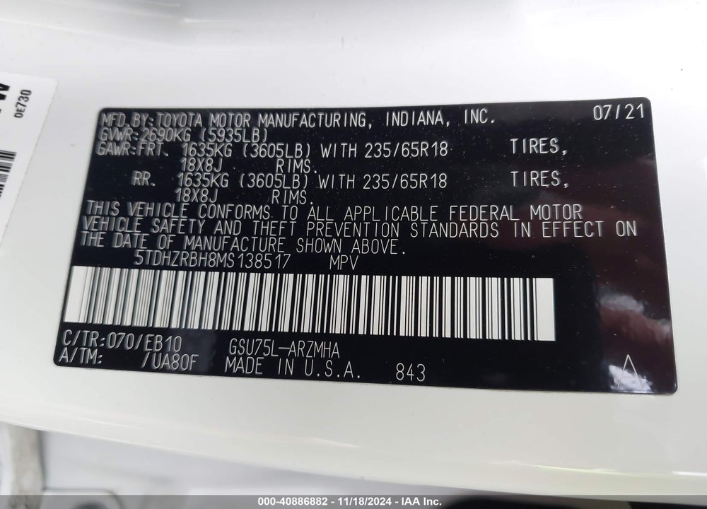 2021 TOYOTA HIGHLANDER XLE VIN: 5TDHZRBH8MS138517