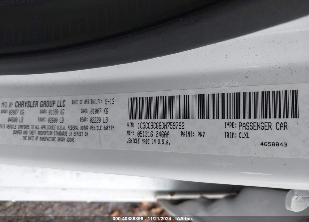 2013 CHRYSLER 200 LIMITED VIN: 1C3CCBCG8DN759792