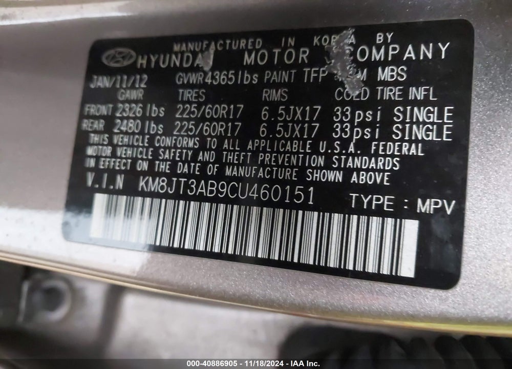 2012 HYUNDAI TUCSON GL VIN: KM8JT3AB9CU460151