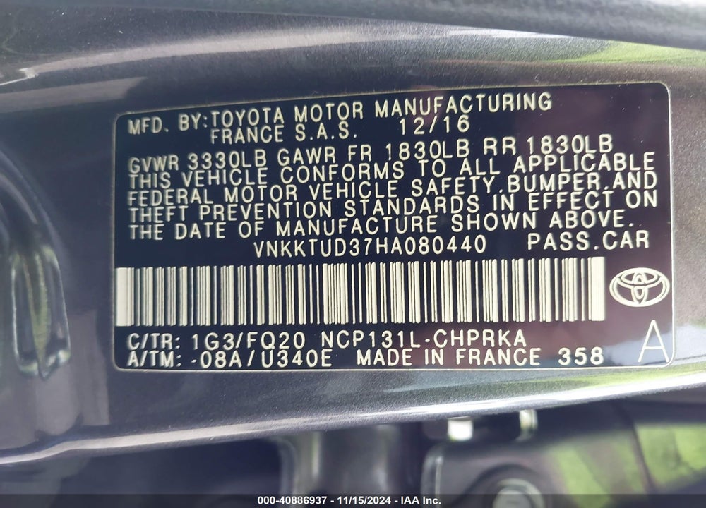 2017 TOYOTA YARIS VIN: VNKKTUD37HA080440