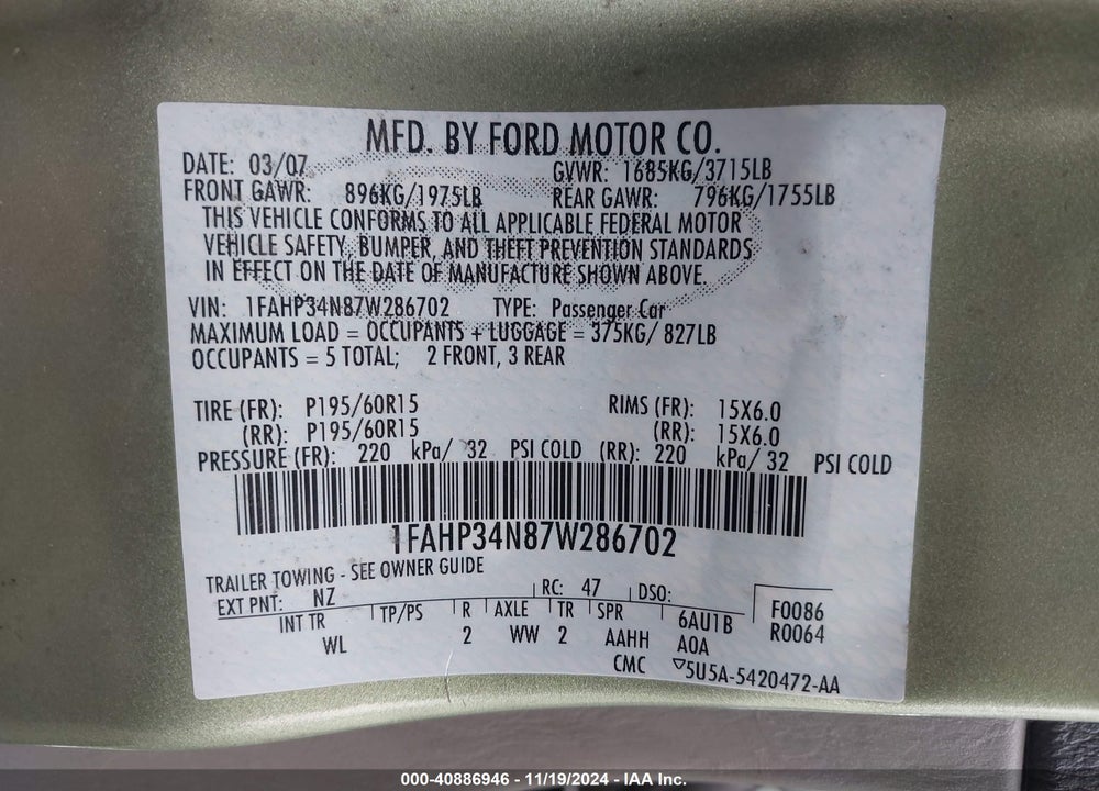 2007 FORD FOCUS S/SE/SES VIN: 1FAHP34N87W286702