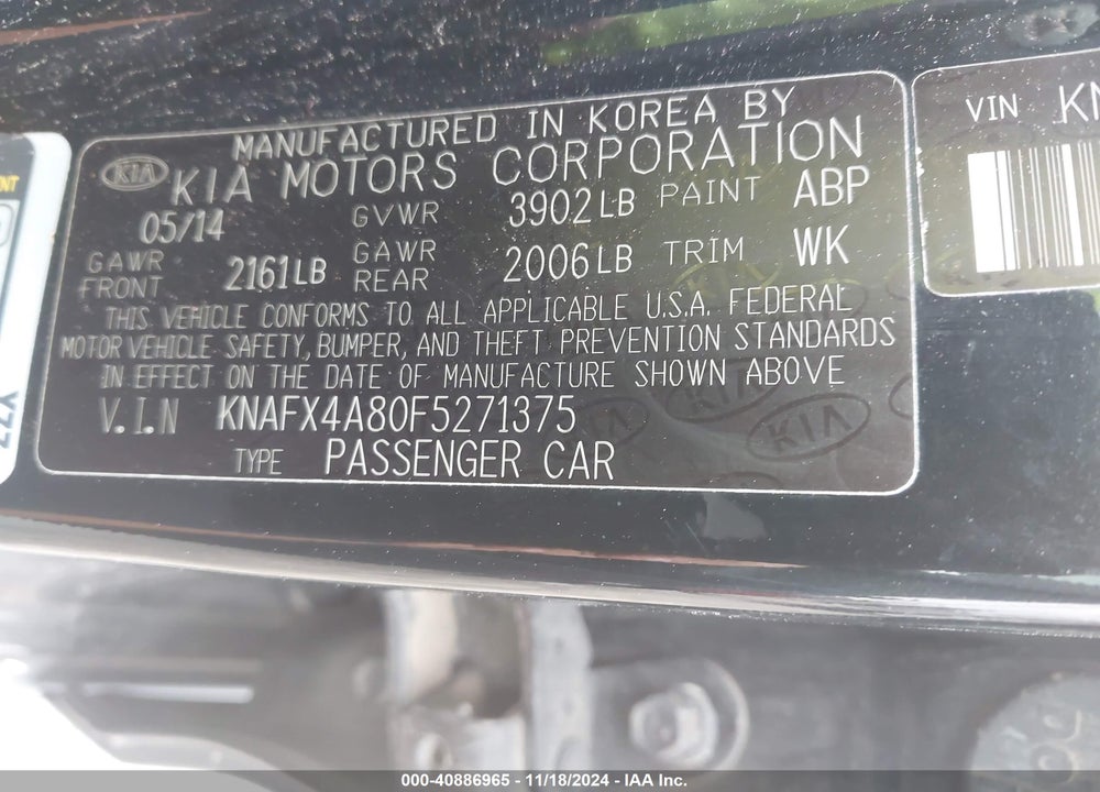 2015 KIA FORTE EX VIN: KNAFX4A80F5271375