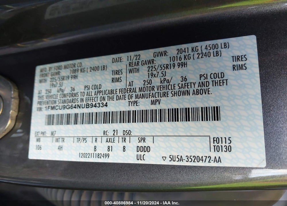 2022 FORD ESCAPE SE VIN: 1FMCU9G64NUB94334