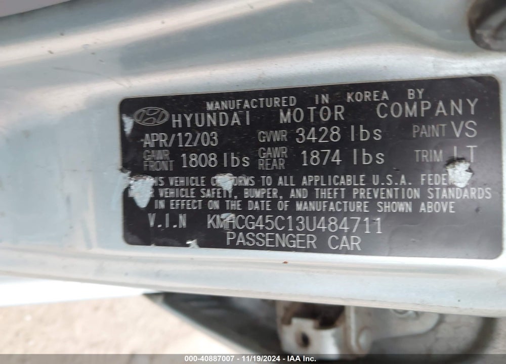 2003 HYUNDAI ACCENT GL VIN: KMHCG45C13U484711