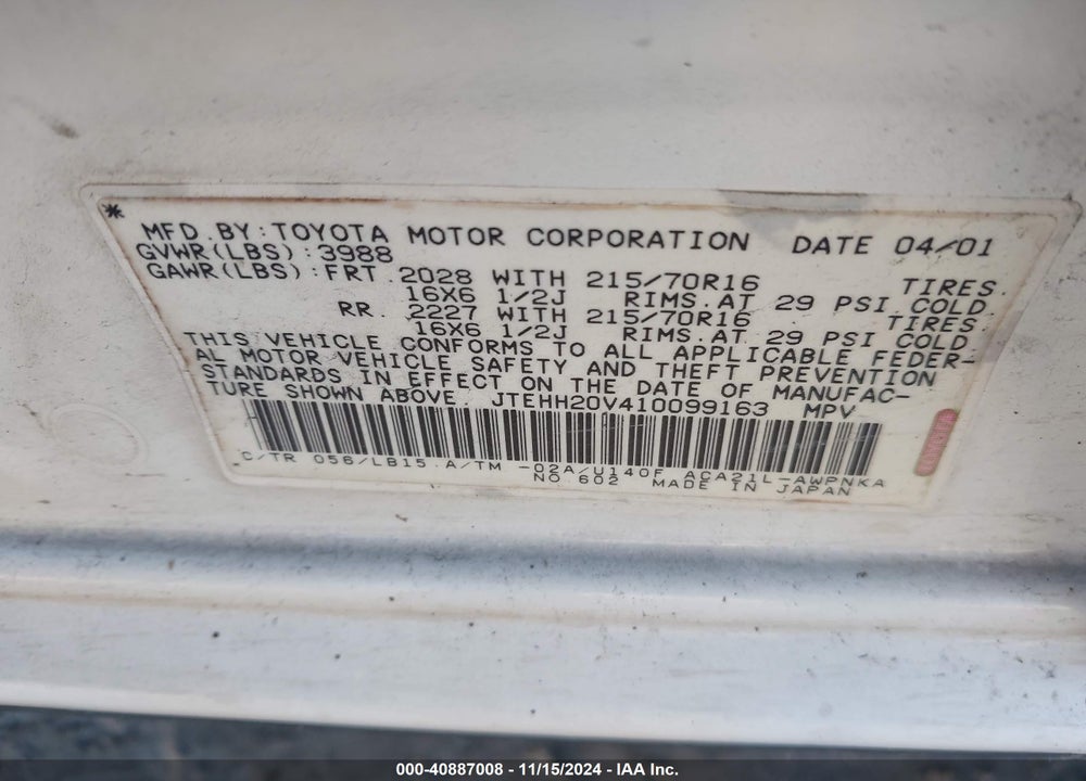 2001 TOYOTA RAV4 VIN: JTEHH20V410099163