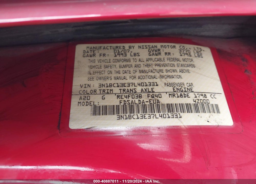 2007 NISSAN VERSA 1.8S VIN: 3N1BC13E37L401331