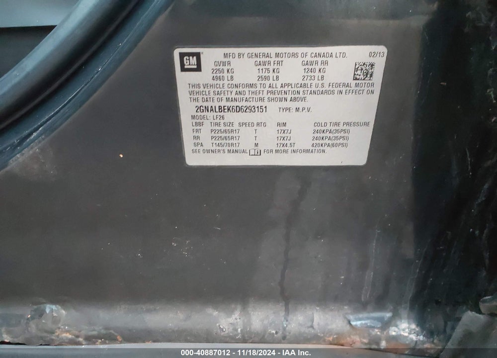 2013 CHEVROLET EQUINOX LS VIN: 2GNALBEK6D6293151