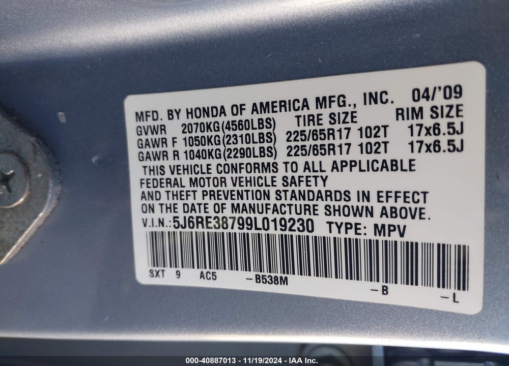 2009 HONDA CR-V EX-L VIN: 5J6RE38799L019230