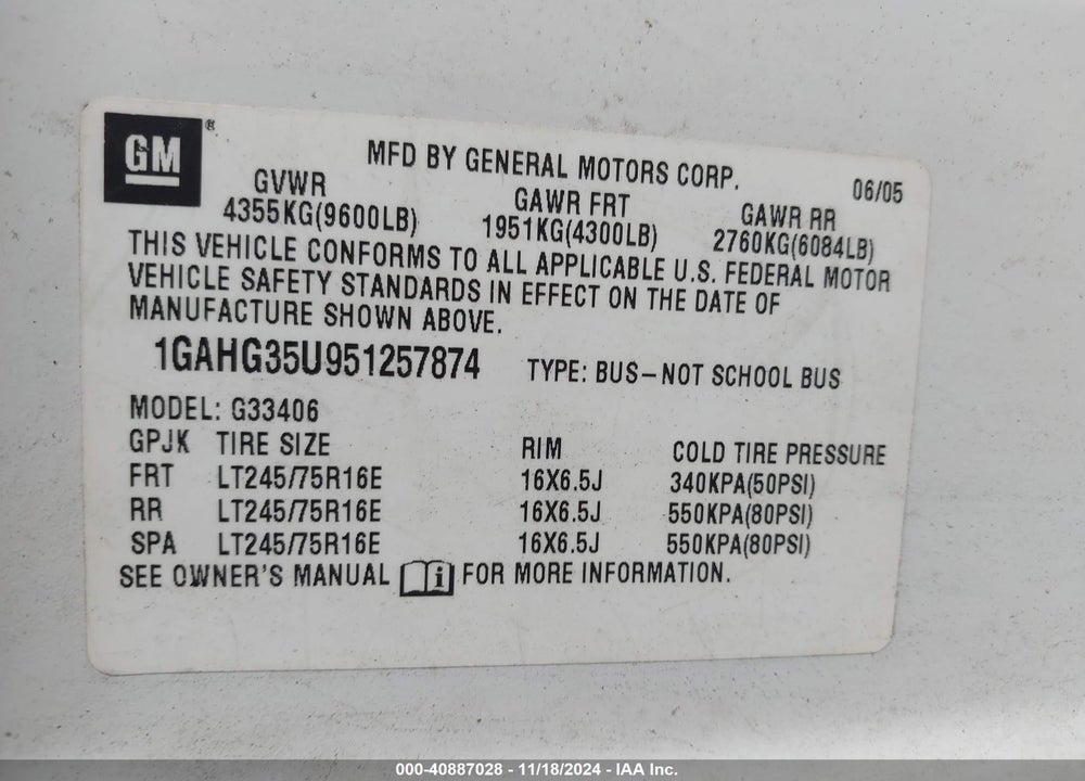 2005 CHEVROLET EXPRESS VIN: 1GAHG35U951257874