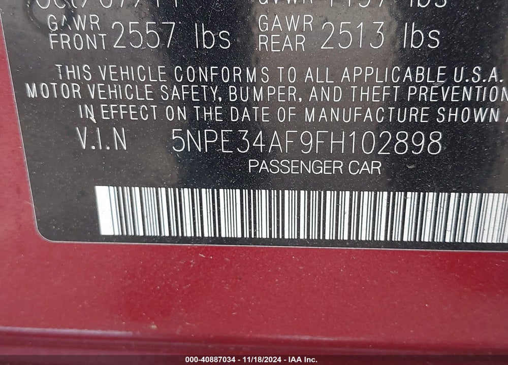 2015 HYUNDAI SONATA SPORT VIN: 5NPE34AF9FH102898