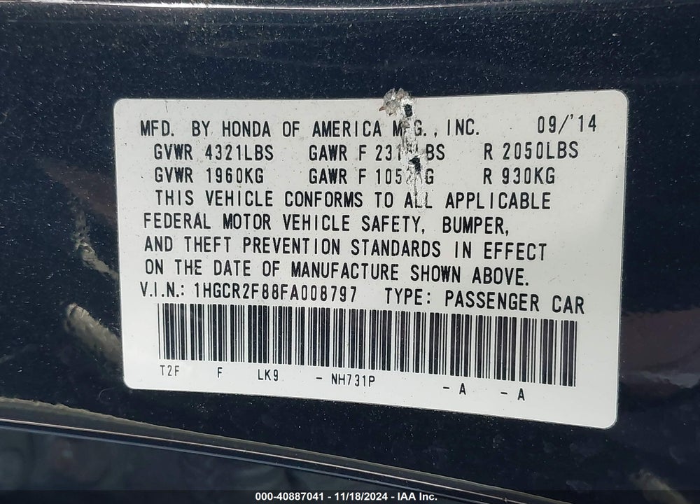2015 HONDA ACCORD EX-L VIN: 1HGCR2F88FA008797