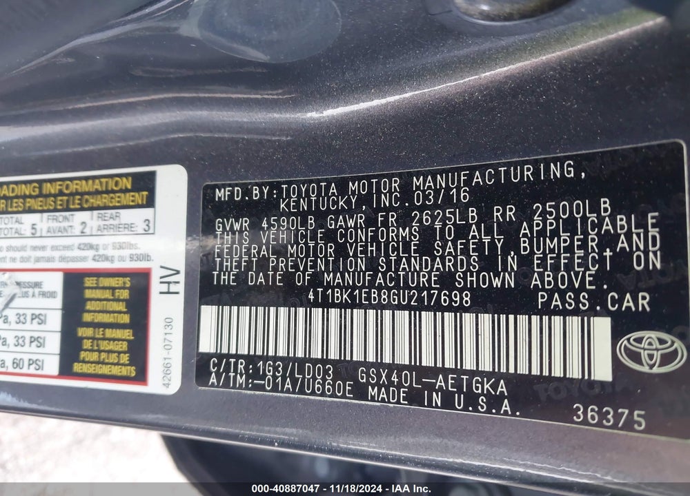 2016 TOYOTA AVALON XLE VIN: 4T1BK1EB8GU217698
