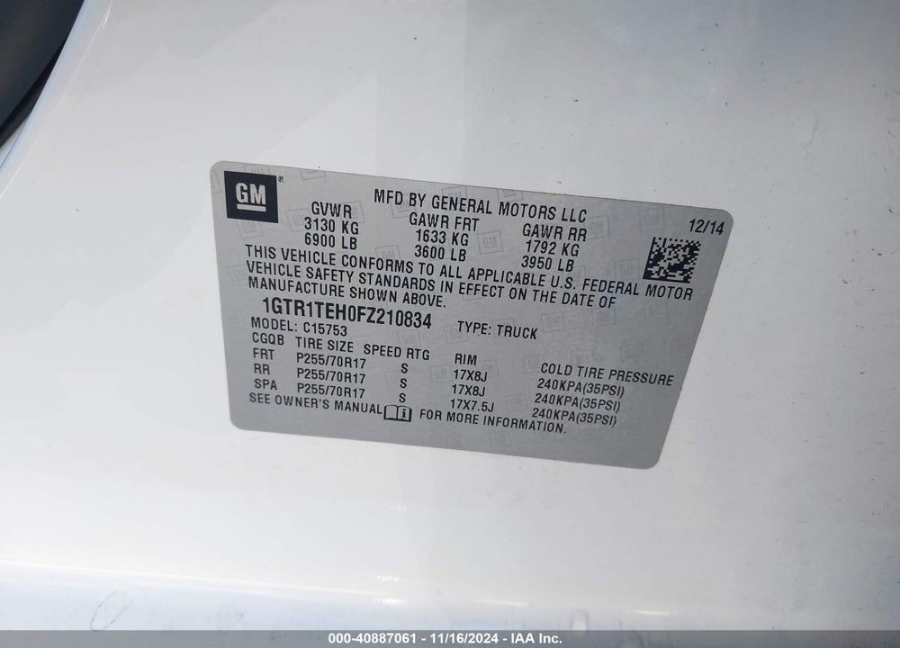 2015 GMC SIERRA 1500 VIN: 1GTR1TEH0FZ210834