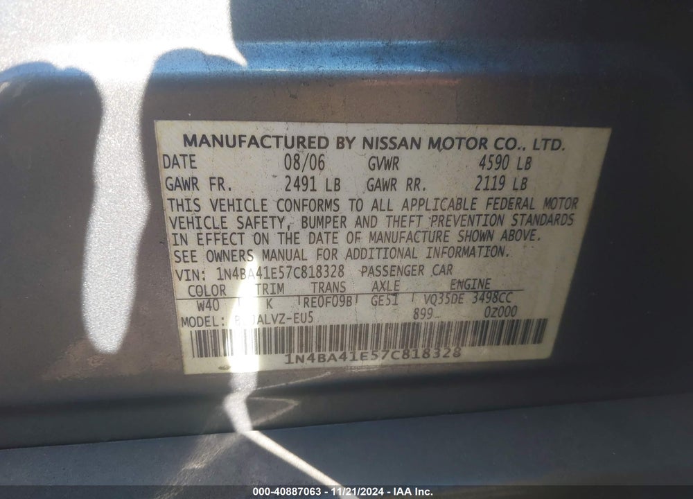 2007 NISSAN MAXIMA 3.5 SE VIN: 1N4BA41E57C818328