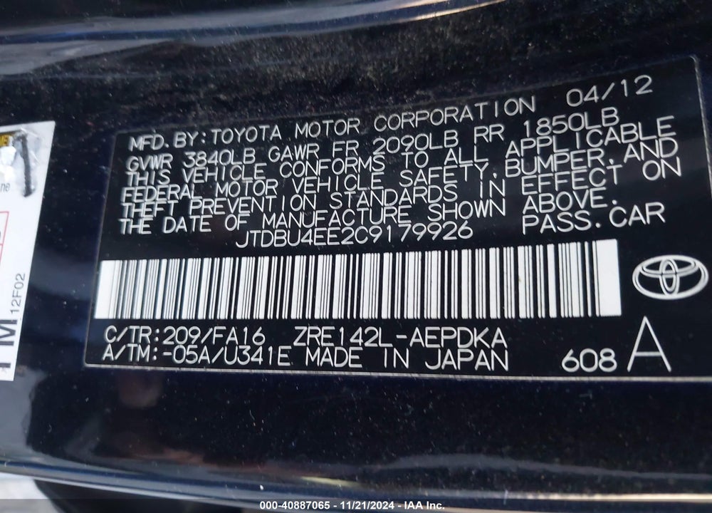 2012 TOYOTA COROLLA VIN: JTDBU4EE2C9179926