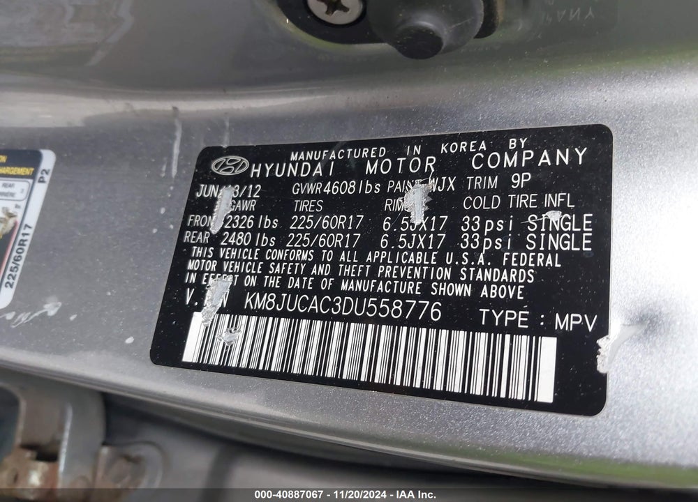2013 HYUNDAI TUCSON GLS VIN: KM8JUCAC3DU558776