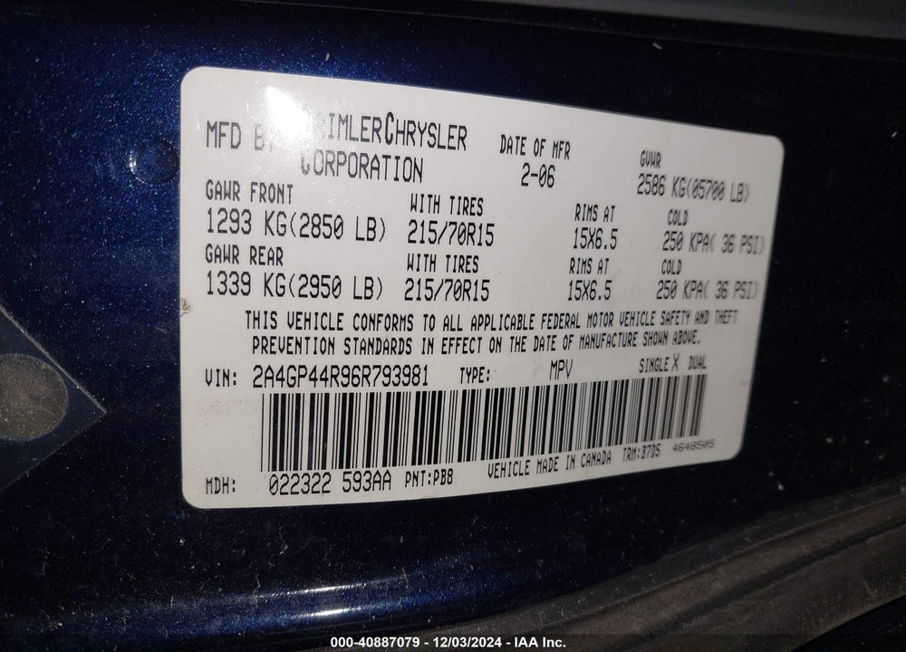 2006 CHRYSLER TOWN & COUNTRY LX VIN: 2A4GP44R96R793981