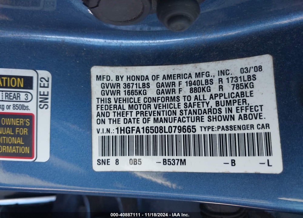 2008 HONDA CIVIC LX VIN: 1HGFA16508L079665