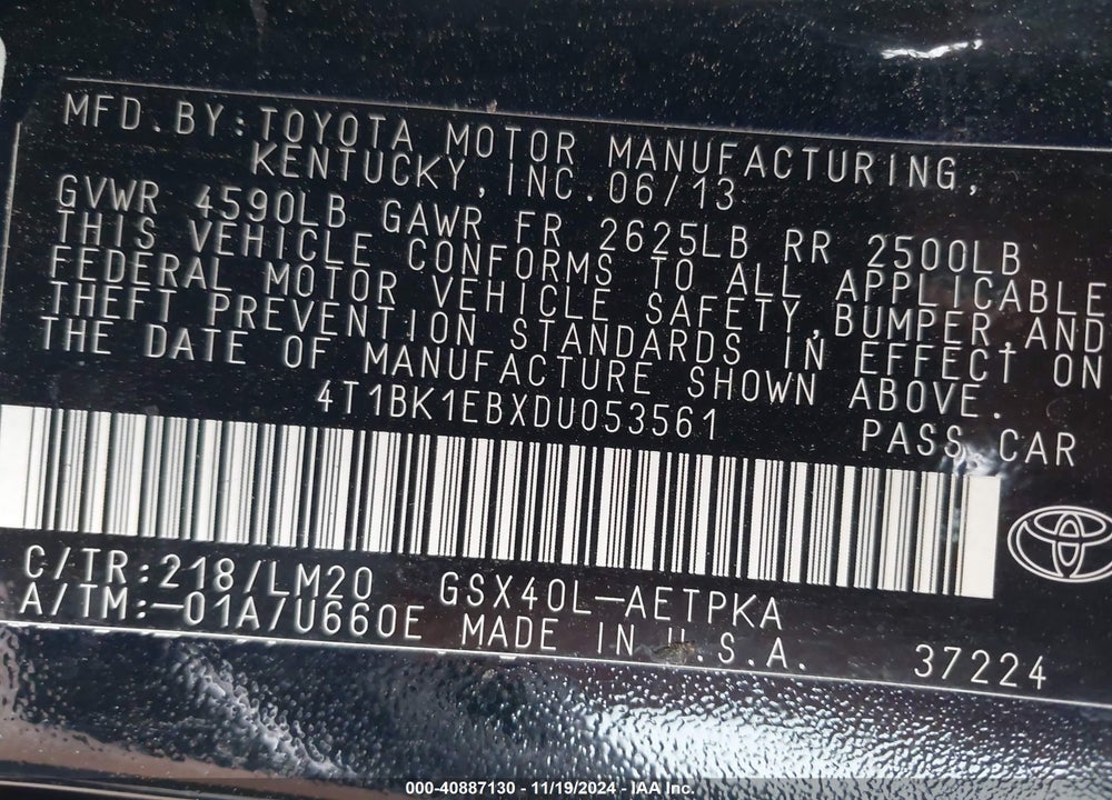 2013 TOYOTA AVALON LIMITED VIN: 4T1BK1EBXDU053561