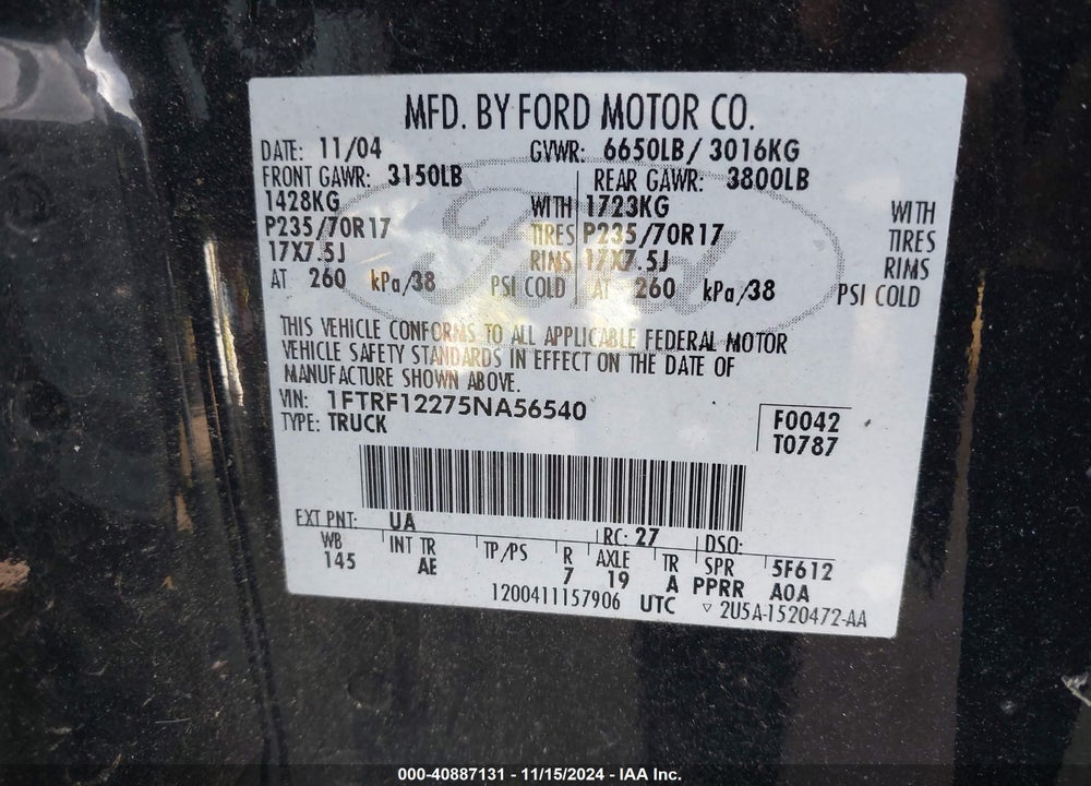 2005 FORD F-150 STX/XL/XLT VIN: 1FTRF12275NA56540