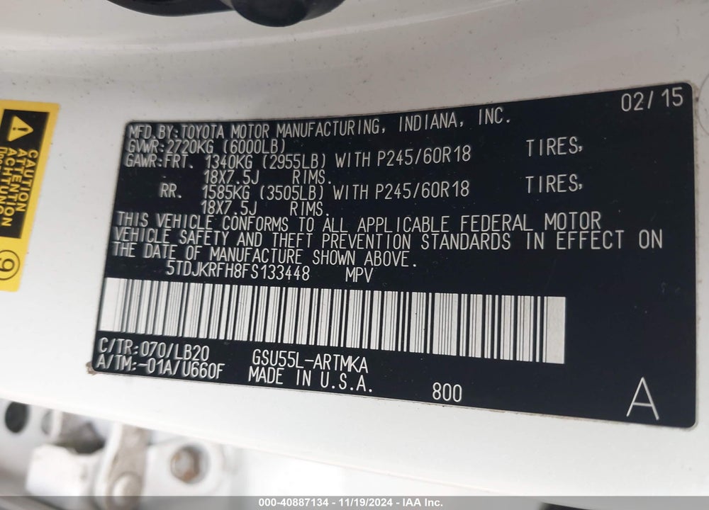 2015 TOYOTA HIGHLANDER XLE V6 VIN: 5TDJKRFH8FS133448