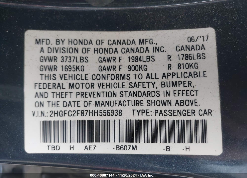 2017 HONDA CIVIC EX VIN: 2HGFC2F87HH556938