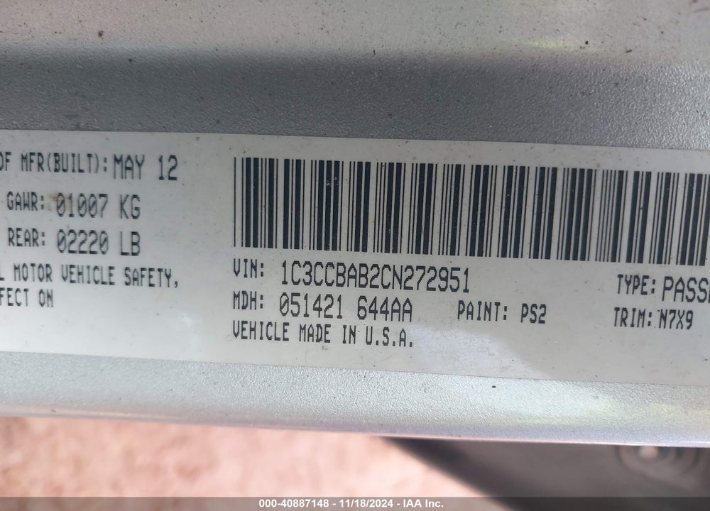 2012 CHRYSLER 200 LX VIN: 1C3CCBAB2CN272951
