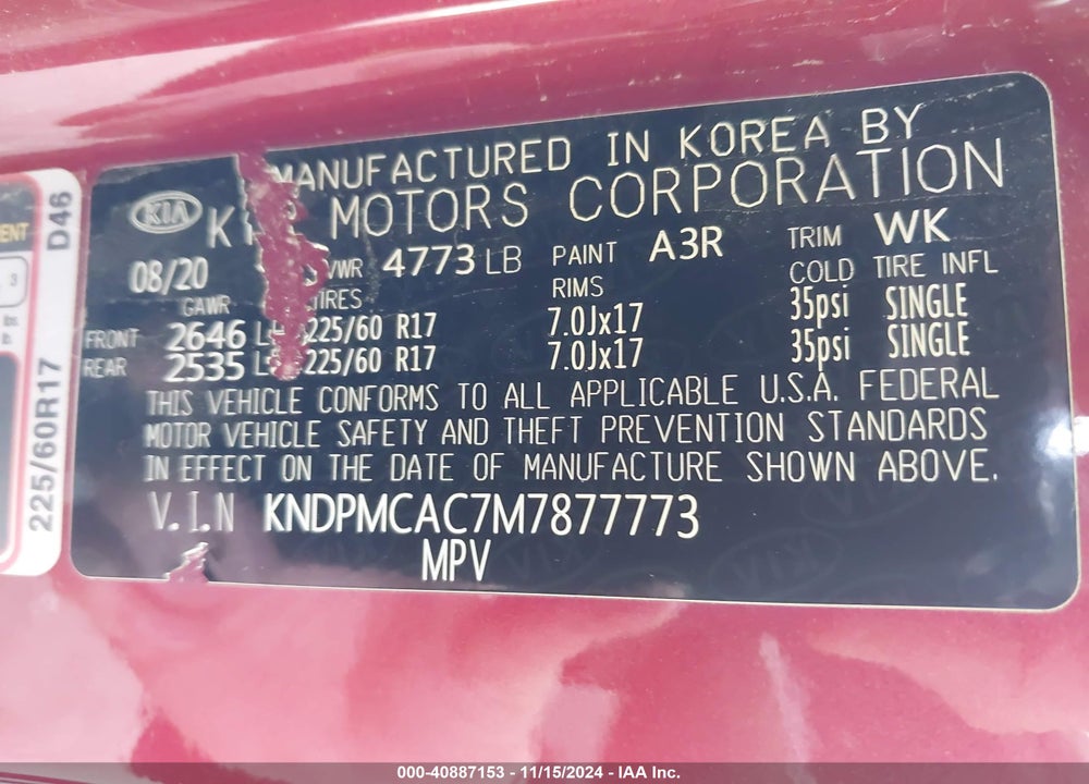 2021 KIA SPORTAGE LX VIN: KNDPMCAC7M7877773
