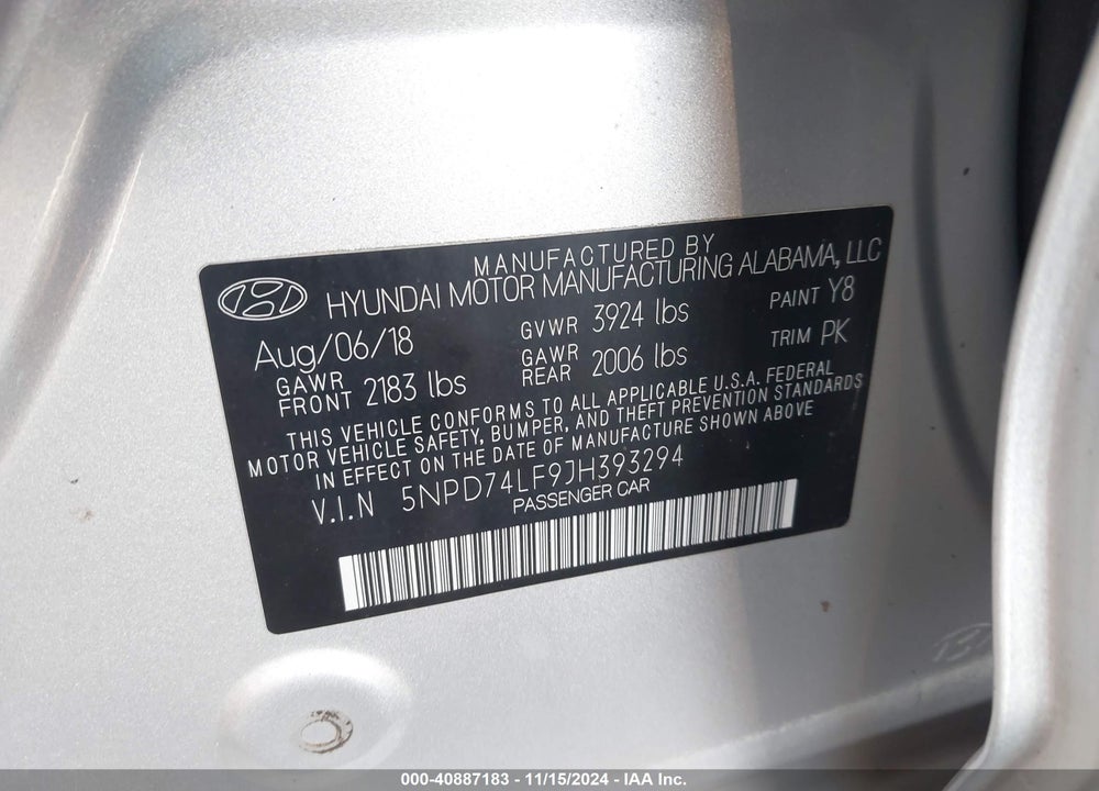 2018 HYUNDAI ELANTRA SE VIN: 5NPD74LF9JH393294