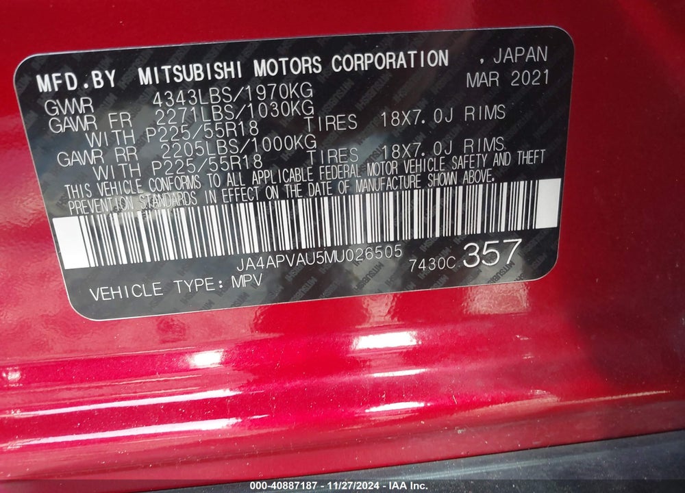 2021 MITSUBISHI OUTLANDER SPORT 2.0 SE 2WD VIN: JA4APVAU5MU026505