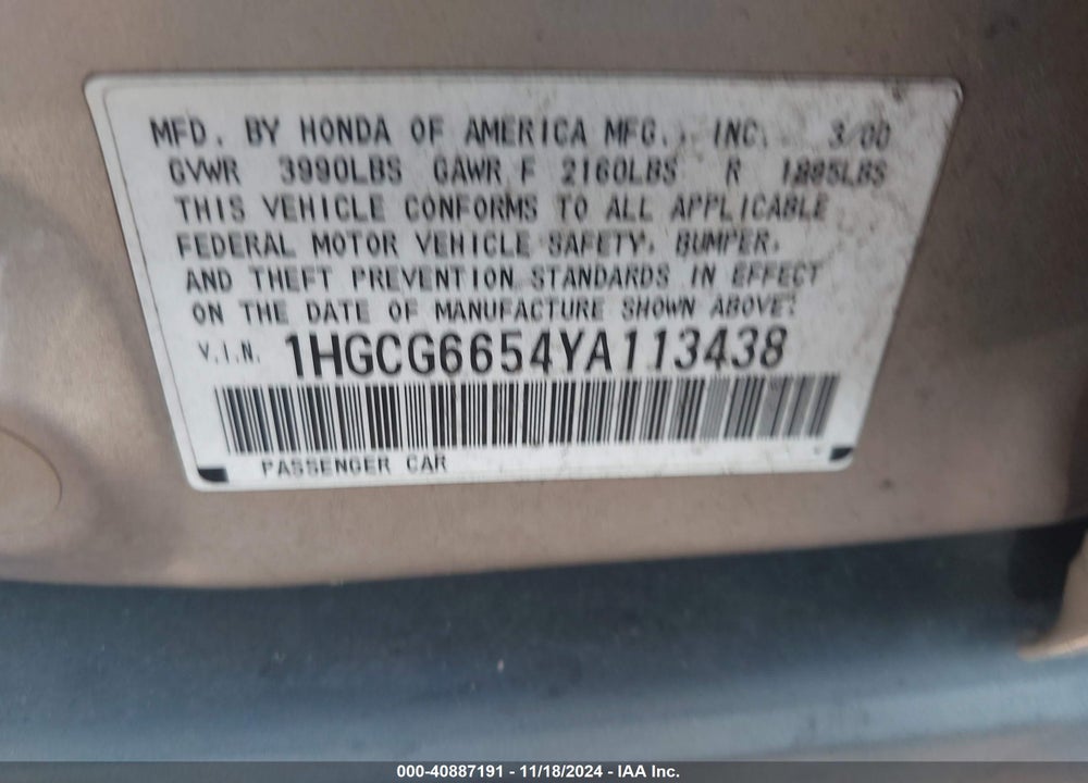 2000 HONDA ACCORD 2.3 LX VIN: 1HGCG6654YA113438