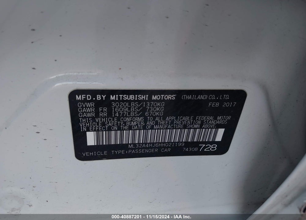 2017 MITSUBISHI MIRAGE SE VIN: ML32A4HJ6HH021199