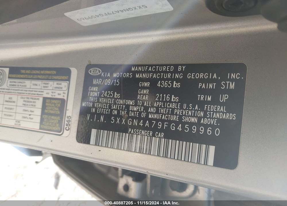 2015 KIA OPTIMA EX VIN: 5XXGN4A79FG459960