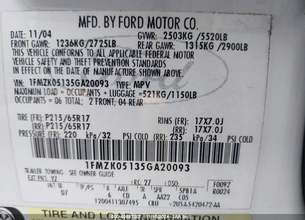 2005 FORD FREESTYLE SEL VIN: 1FMZK05135GA20093