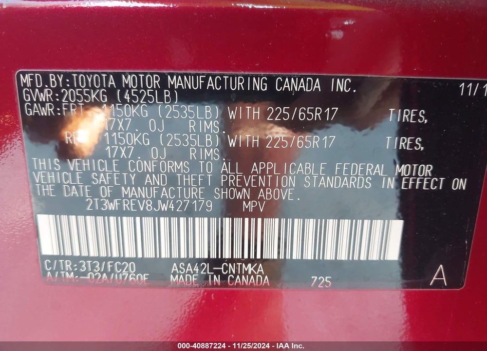 2018 TOYOTA RAV4 ADVENTURE/XLE VIN: 2T3WFREV8JW427179