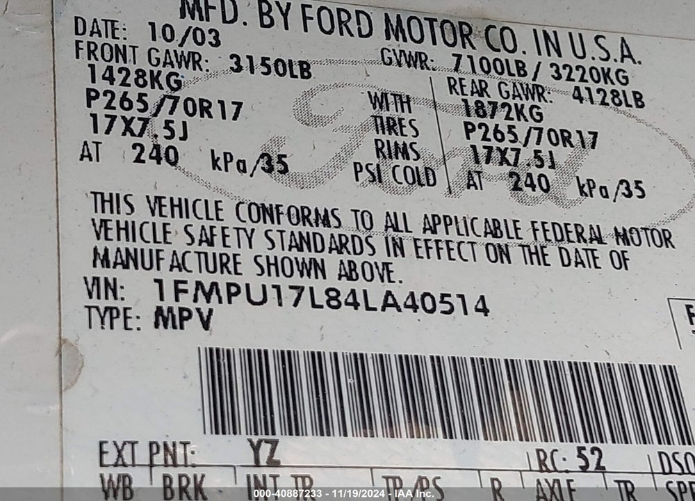 2004 FORD EXPEDITION EDDIE BAUER VIN: 1FMPU17L84LA40514