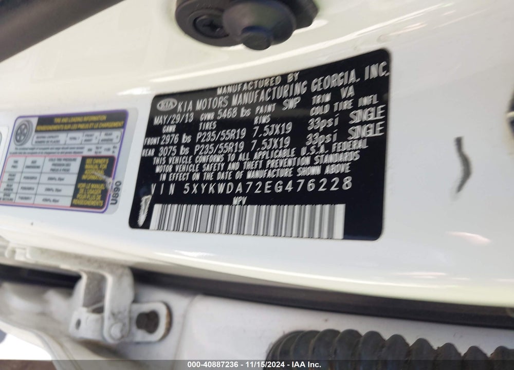 2014 KIA SORENTO LIMITED V6 VIN: 5XYKWDA72EG476228