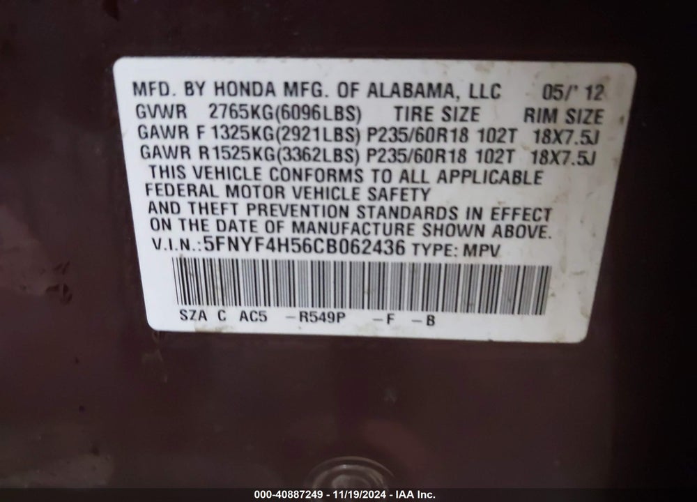 2012 HONDA PILOT EX-L VIN: 5FNYF4H56CB062436