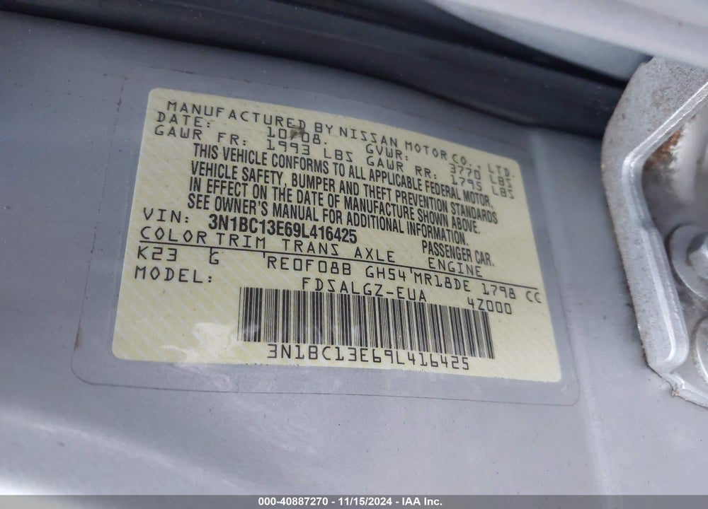 2009 NISSAN VERSA 1.8SL VIN: 3N1BC13E69L416425