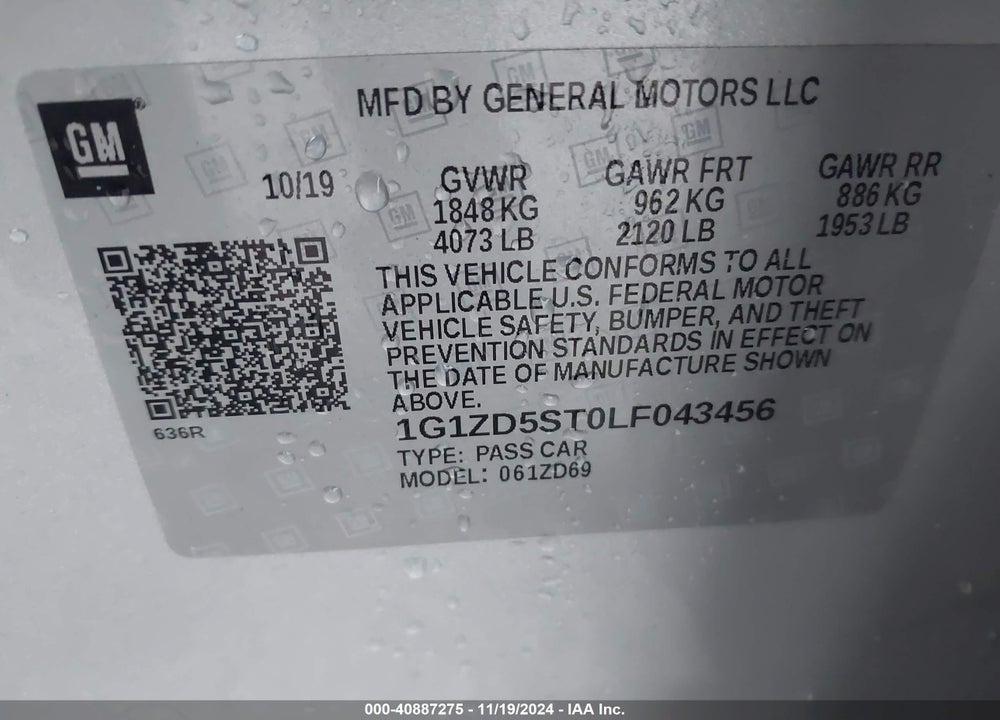 2020 CHEVROLET MALIBU FWD LT VIN: 1G1ZD5ST0LF043456