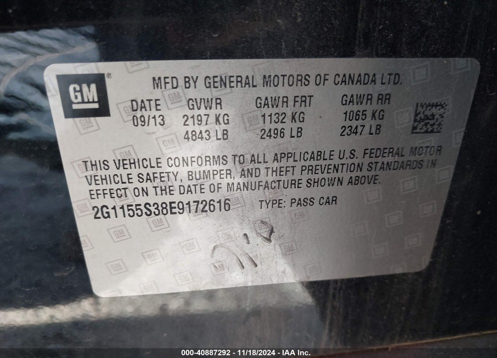 2014 CHEVROLET IMPALA 2LZ VIN: 2G1155S38E9172616