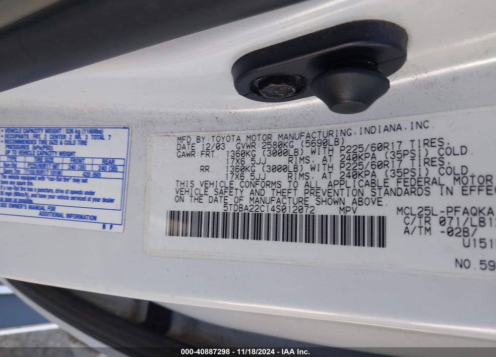 2004 TOYOTA SIENNA XLE LIMITED VIN: 5TDBA22C14S012072